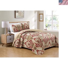 Bedspread Set Damask Pattern Taupe Burgundy Brown New King/California King
