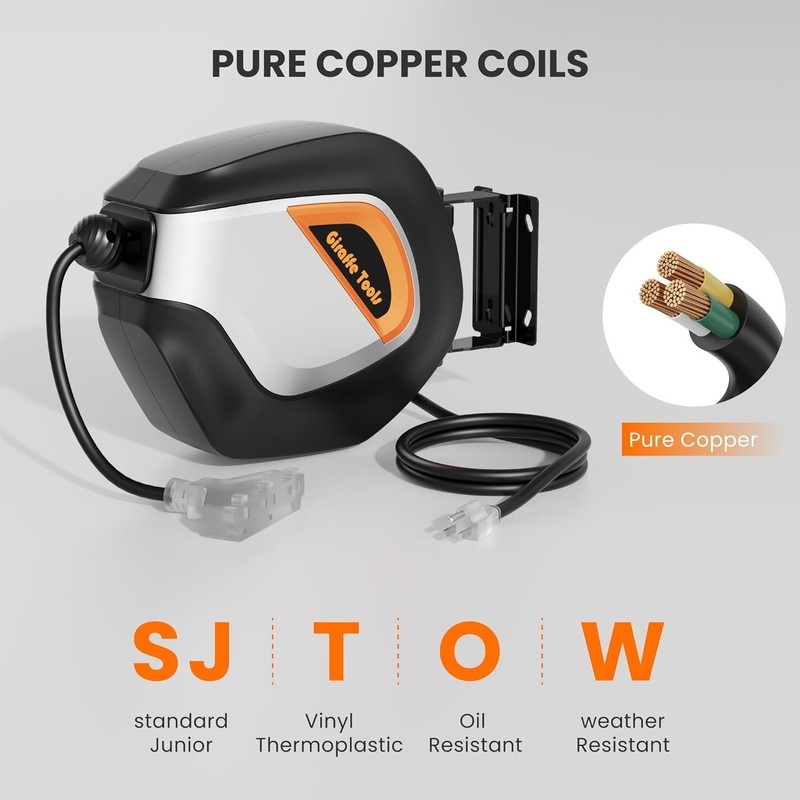 Giraffe Tools 50FT Retractable Extension Cord Reel 14/3AWG SJT Power Cord Reel gallery