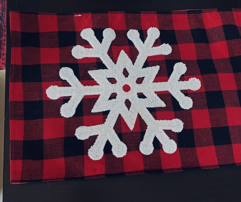 Red Black Plaid 71” Table Runner Large White Snowflakes gallery