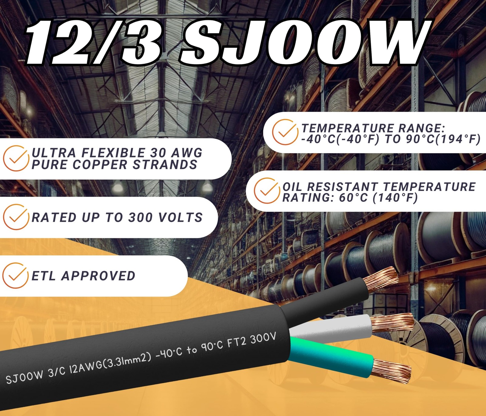 Windynation 40 Feet 12/3 Sjoow Cable Cord 12 Awg 3 Conductor So Wire - 12 Gauge gallery