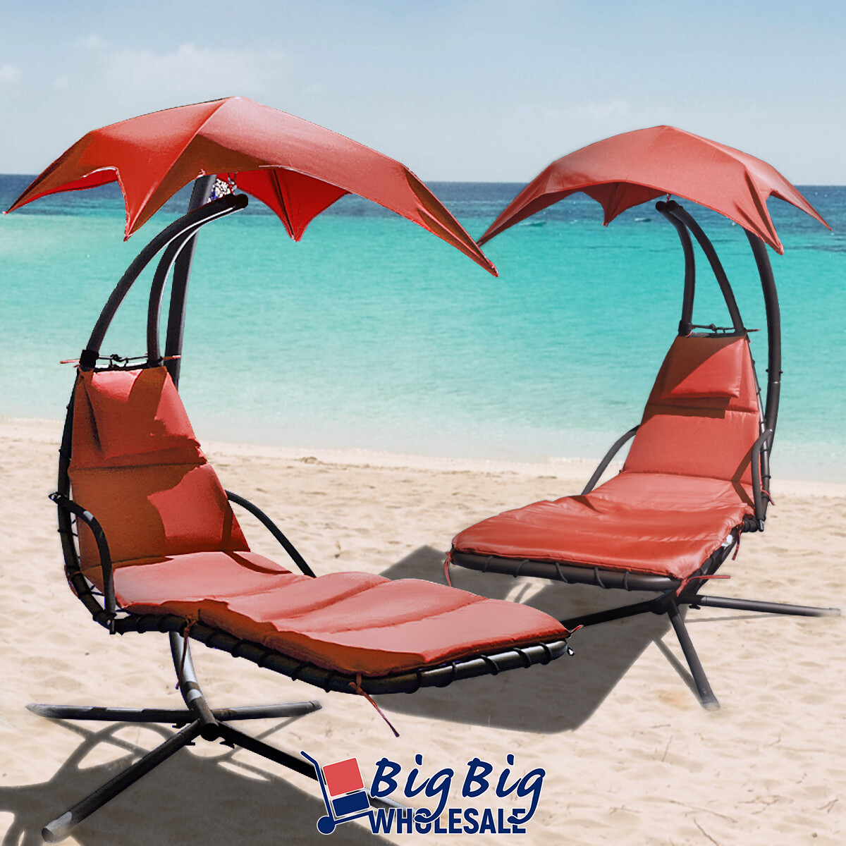 2 Patio Hanging Chaise Outdoor Lounge Chairs Cushion Orange Canopy Arc Stand gallery