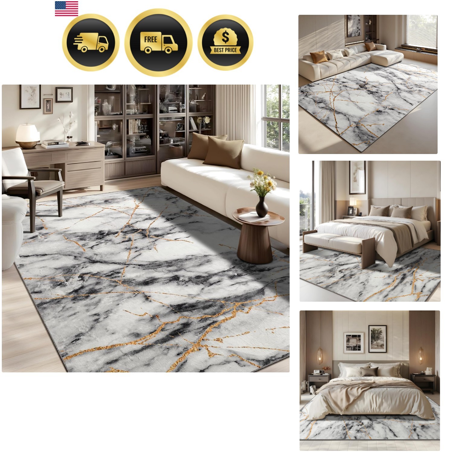 Chic 6' x 9' Low Pile Abstract Rug - Marble Effect in Gold & Grey, Pet-Friendly gallery