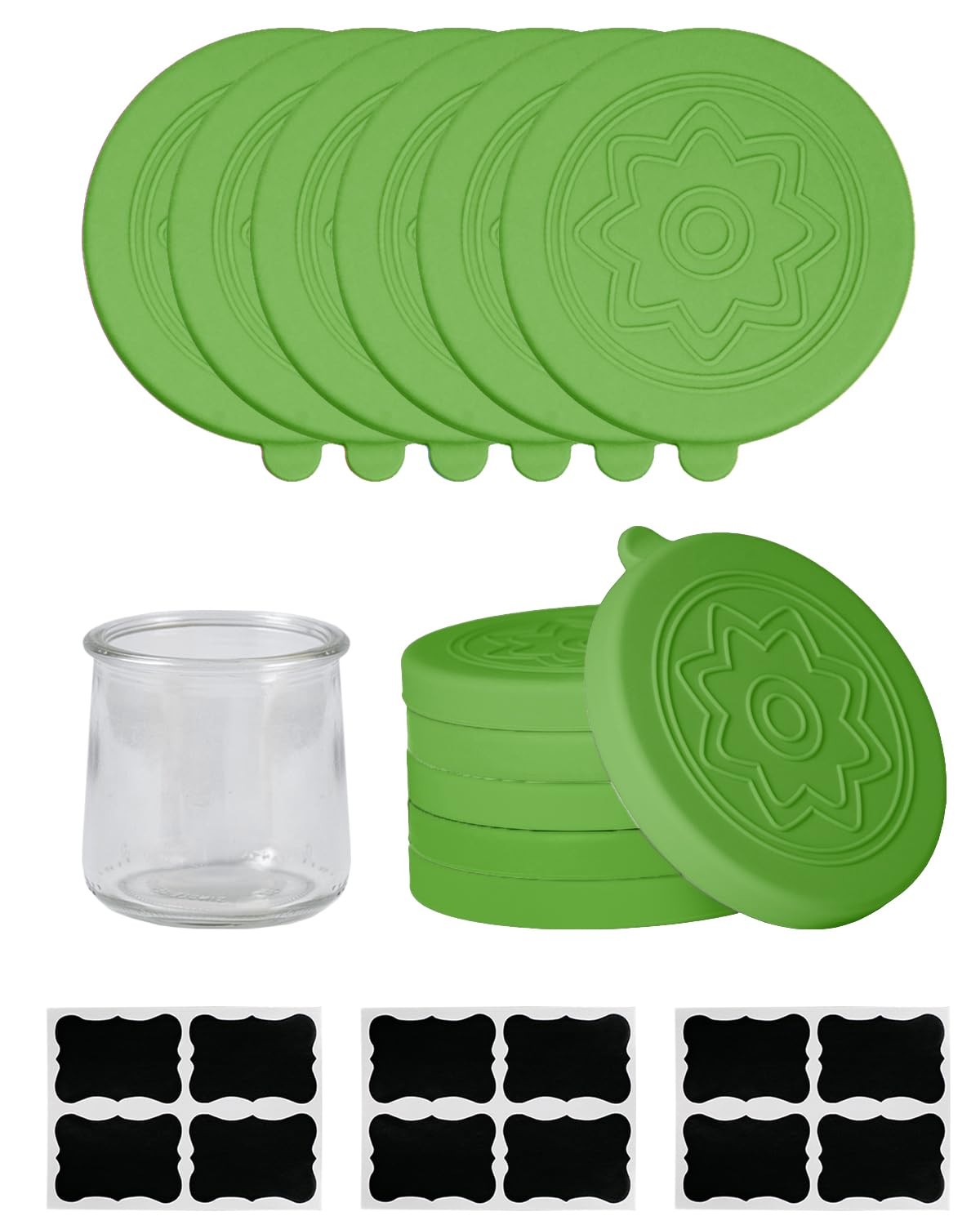 TERESRY 12 Pack Silicone Oui Yogurt Jar Lids with 8 Labels, 5 ounces, Green gallery