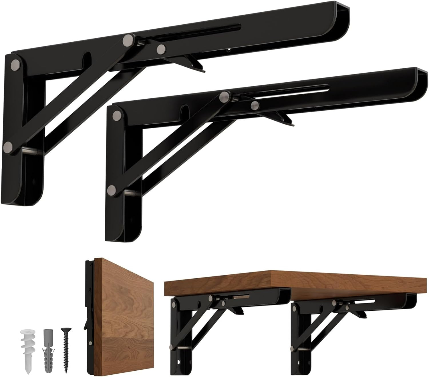 8 Inch Folding Shelf Brackets-2 Pack Foldable Heavy Duty Triangle Collapsible Wa gallery