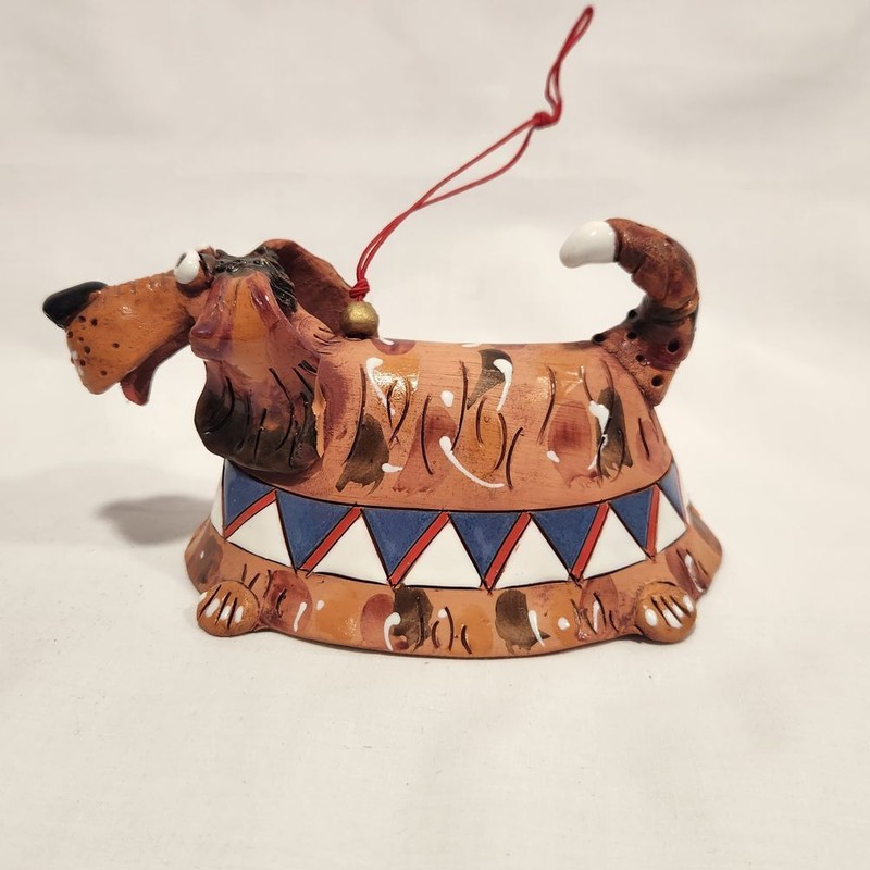 Handmade Studio Pottery Dachshund Dog Bell Ornament Whimsical Folk Art Brown gallery