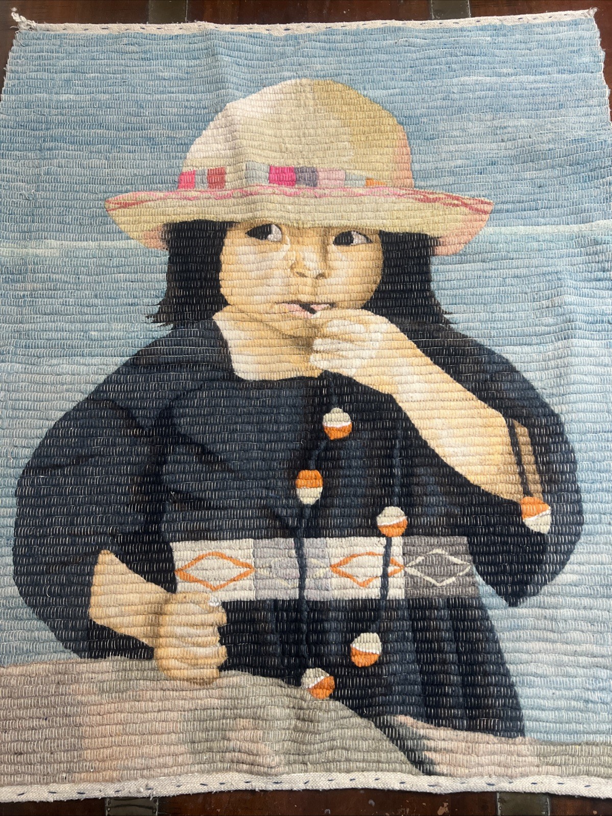 Mid Century Peruvian Folk Woven Wall Tapestry Cultural Art Child Peru, 42x36 gallery