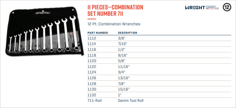 Wright Tool WRIGHTGRIP® 2.0 12 Point Combination Wrench Set 11 Piece SAE 711 gallery