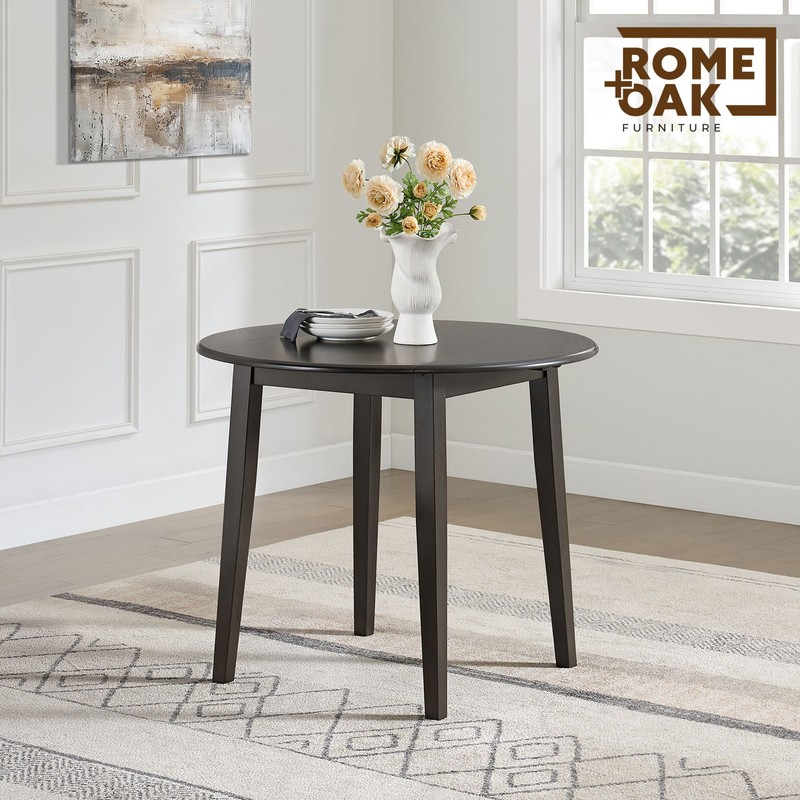 ROME + OAK Hinged Drop Leaf Dining Table, 22 to 36 Inch Round Tabletop, Brown gallery