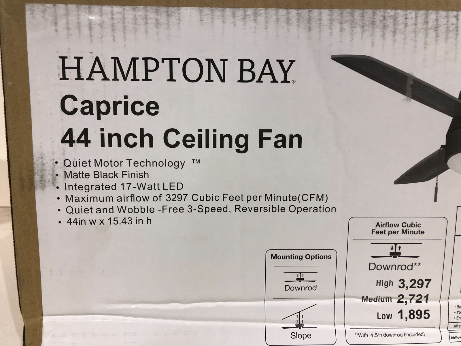 Hampton Bay Caprice 44 in LED Indoor Matte Black Ceiling Fan ANTIQUE WOOD BLADES gallery