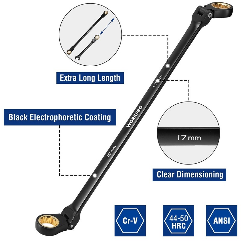 WORKPRO 5PCS Extra Long Ratcheting Wrench Set 8-19mm Combination Metric 72-Teeth gallery