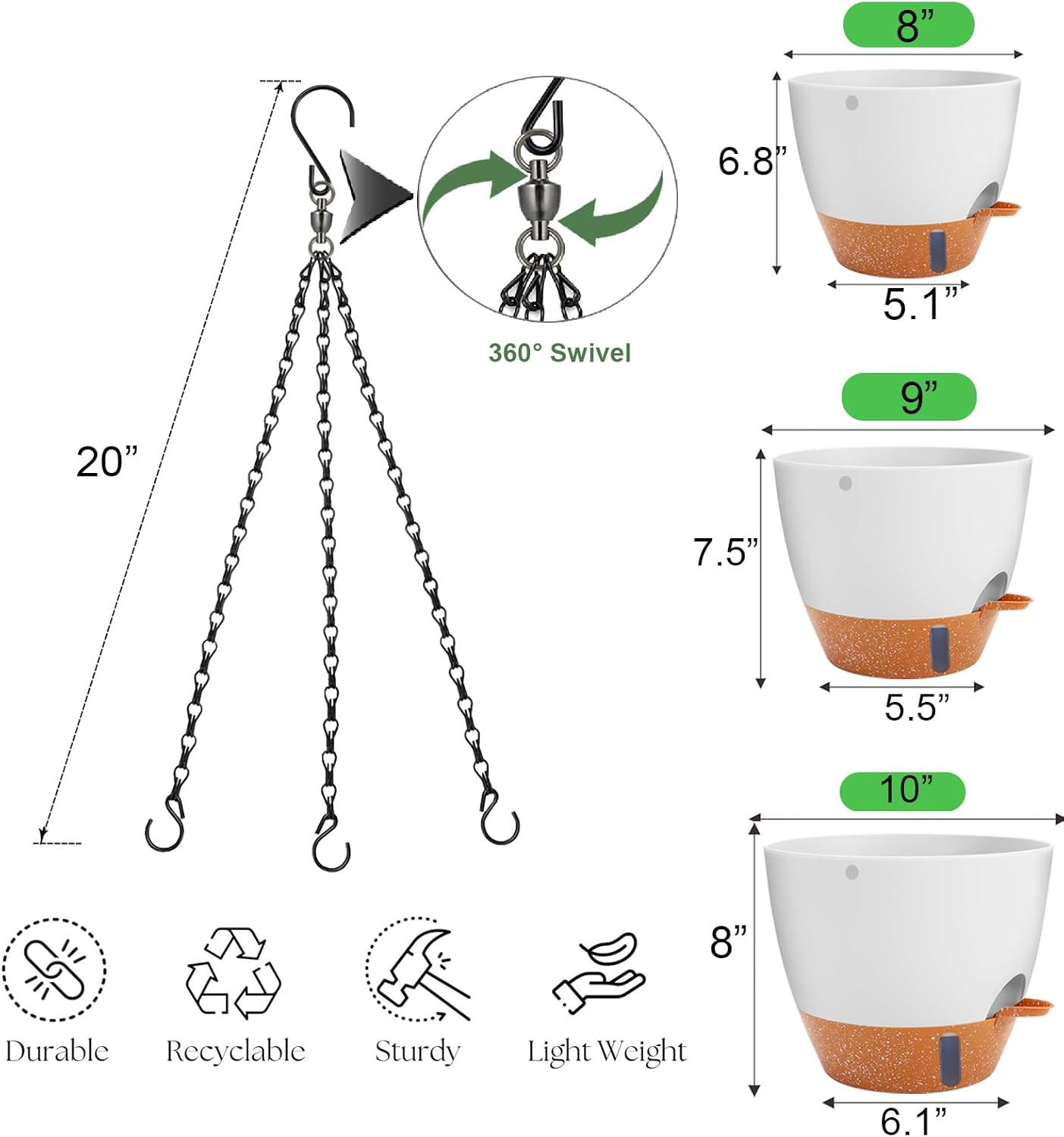 3 Pack Self Watering Hanging Planters with Swivel Hanging Chains 20 Inches, 10/9 gallery
