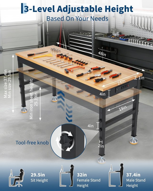 48" Adjustable Height Workbench ,2500LBS Load Heavy-Duty Work Bench Table Garage gallery