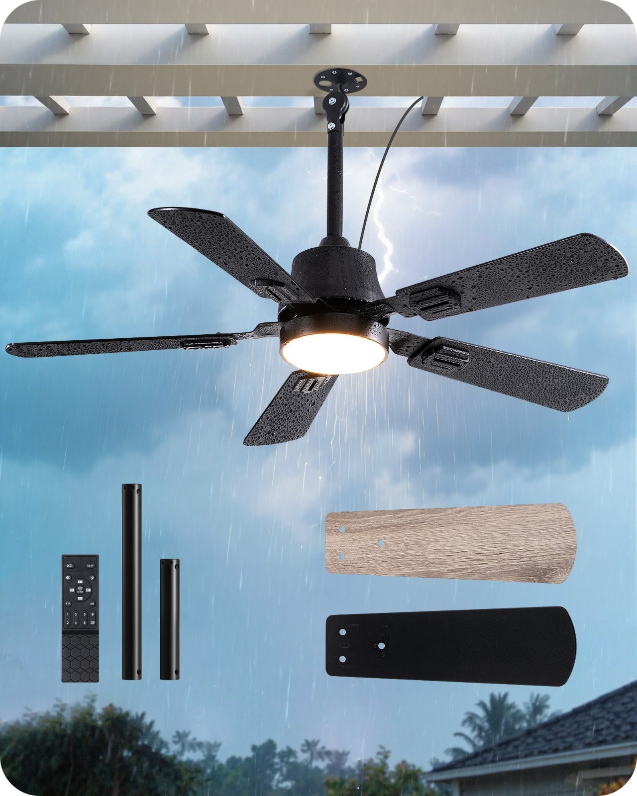 EDISHINE 42" Outdoor Ceiling Fan with Light, 4800 CFM, 3CCT, 5 Wood Blade, Black gallery