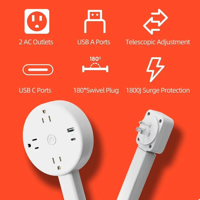 Rotates 180° Electrical Outlet Extender Adjustable Length Extension Cable US Plu gallery