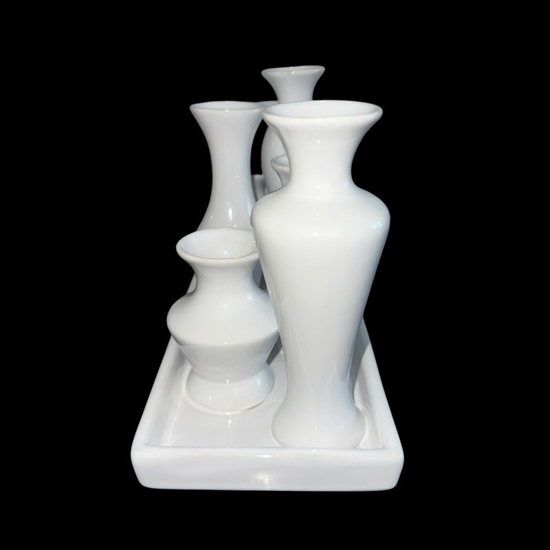 7 Bud Vases Attached Together On The Base, Ceramic Unique Art Deco White gallery