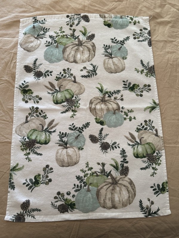 2 Shabby Chic Kitchen Towels Fall Pumpkin White Gray Blue Beige 100% Cotton! gallery