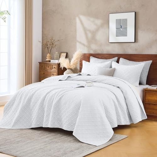 Quilt Set with Shams Lightweight Quilted Bedspread Coverlet Queen Linen White gallery