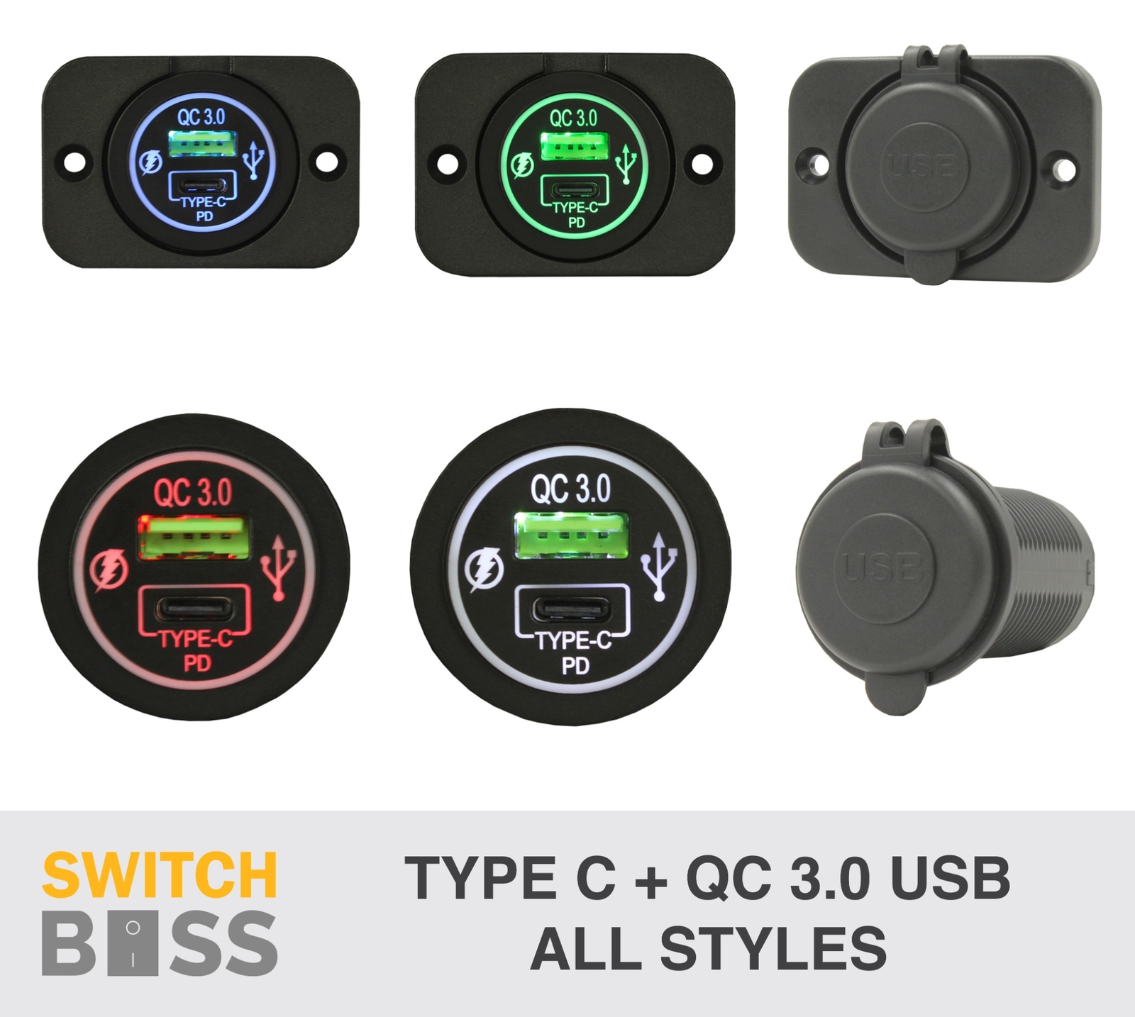 TYPE C + QC 3.0A USB LED Flush Mount Panel 12v Outlet Power Socket All STYLES gallery