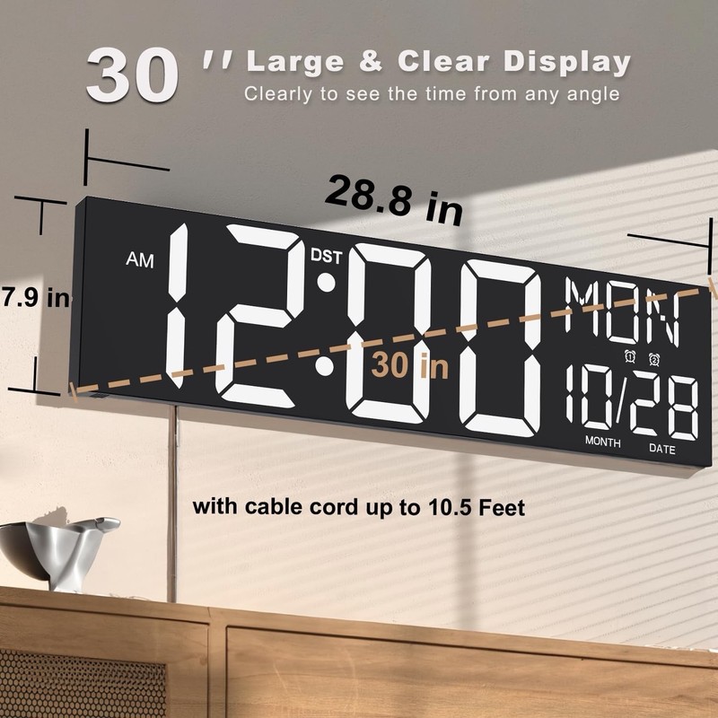 JALL 30" Large Digital Wall Mount Clock with Remote Control, White gallery