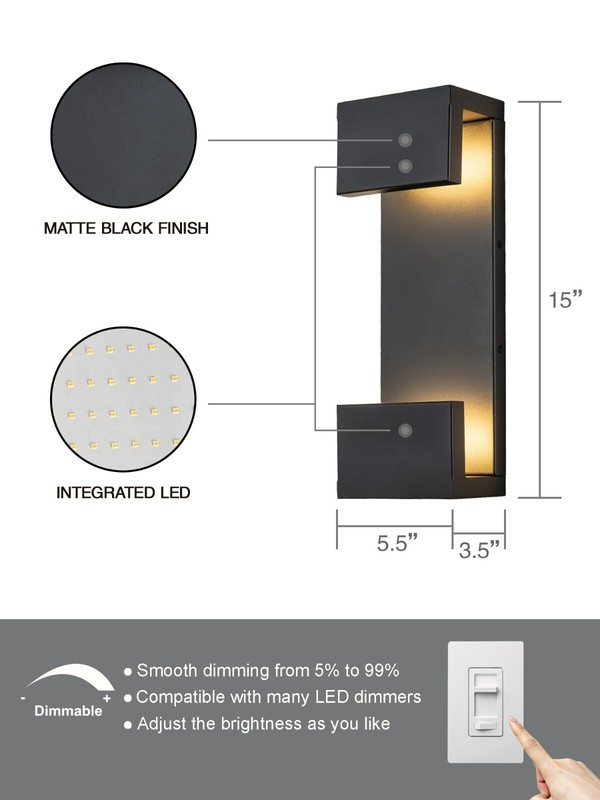 15'' Matte Black Outdoor Wall Lights,Up Down LED Modern Porch Light Wall Sconce gallery