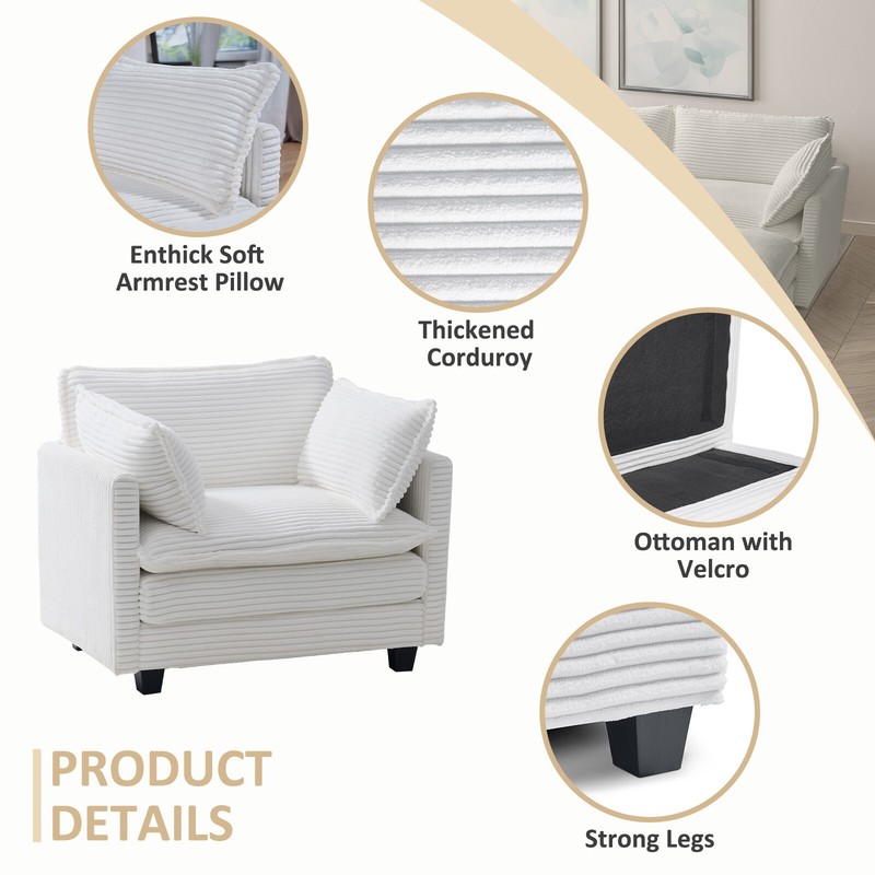 Single Sofa Upholstered Soft Couch with Ottoman 2 Armrest Pillows Corduroy Sofa gallery