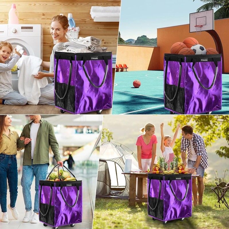 Durable 66lb Capacity Foldable Rolling Tote Bag in Purple - Perfect for Shopping gallery
