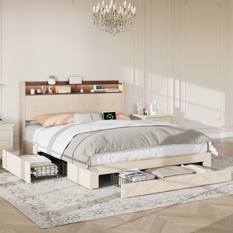 Full Queen Size Bed Frame with 4 Storage Drawers Wood Platform Velvet Headboard gallery