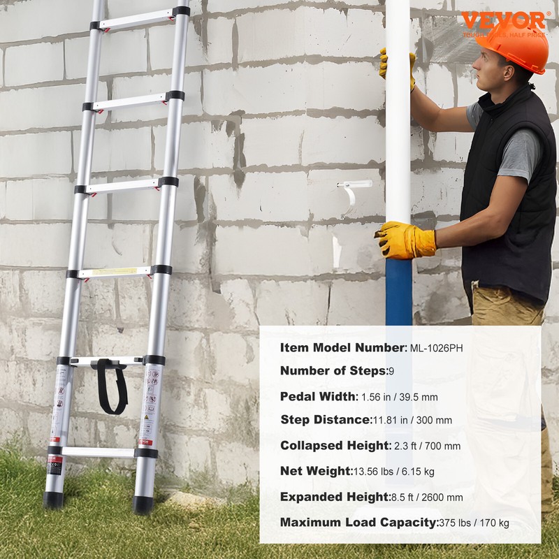 Telescoping Extension Ladder 8.5FT One-button Retraction 375 LBS Capacity gallery