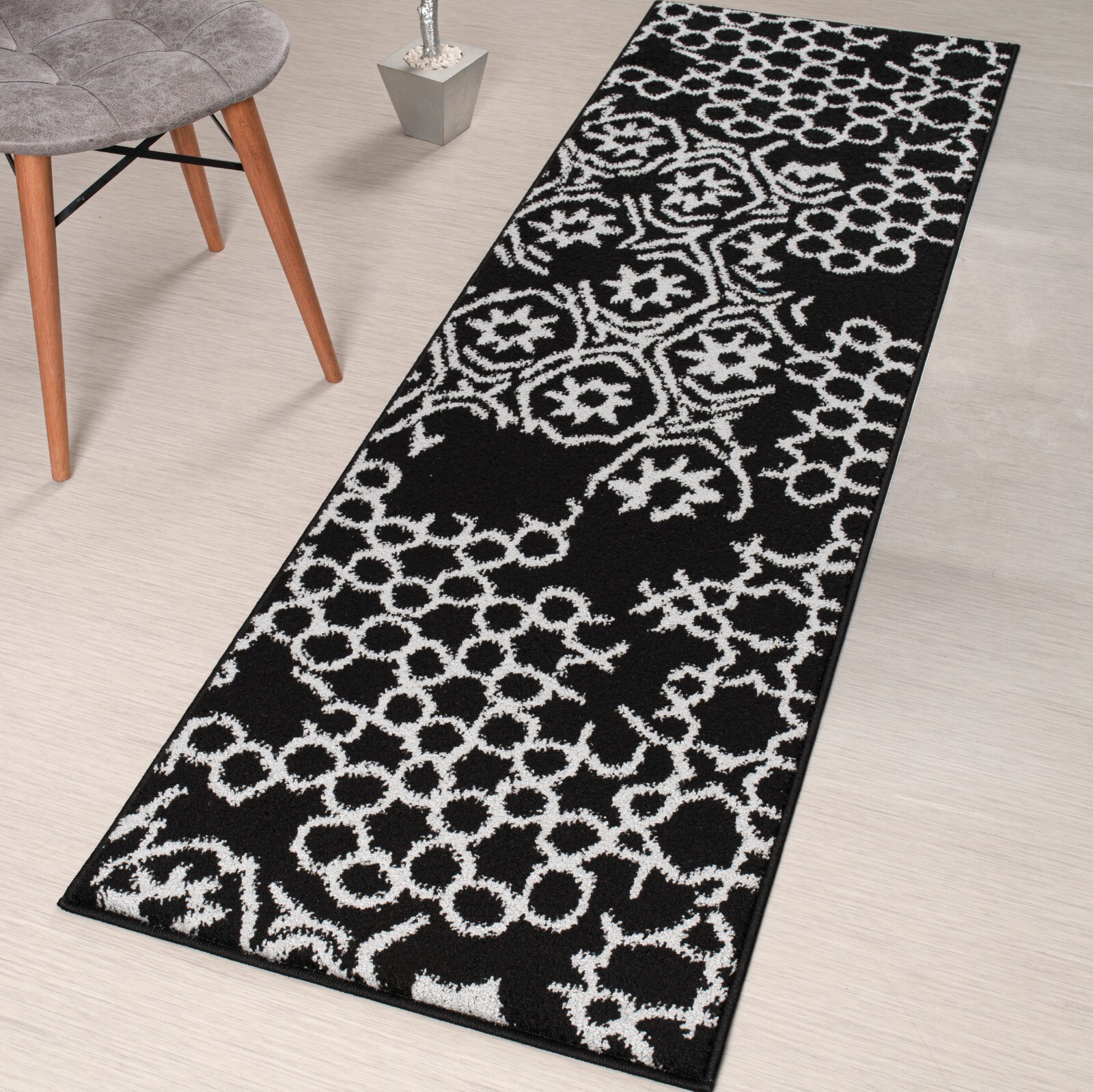 Custom Length Stair Hallway Runner Rug Non Slip Backing, Abstract Black gallery