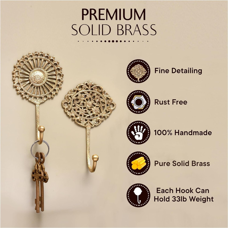 Solid Brass Boho Decorative Wall Hooks - Holds Up to 33 lbs - Vintage Gold Wall gallery