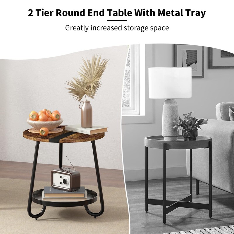 2 Tier Round Coffee Table - Industrial Style Wood & Metal, Rustic Brown for Livi gallery