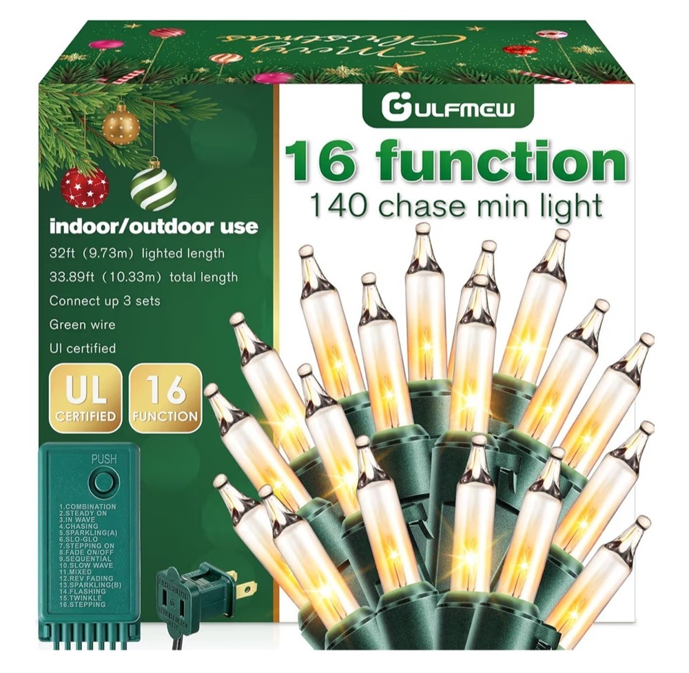 Chasing Party Lights, 16 Function Controller,140 Clear Mini Bulbs Colorful