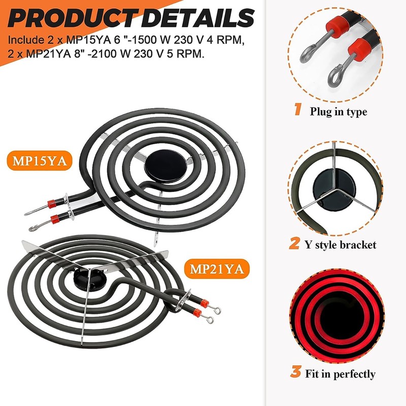 MP22YA Burner Element & 4pcs Drip Pans W10196405/406 fits for Whirlpool Range gallery
