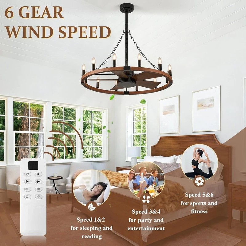 RUSTIC 35" FARMHOUSE WAGON Wheel CEILING FAN 12 LIGHTS Home Patio WALNUT / BLACK gallery