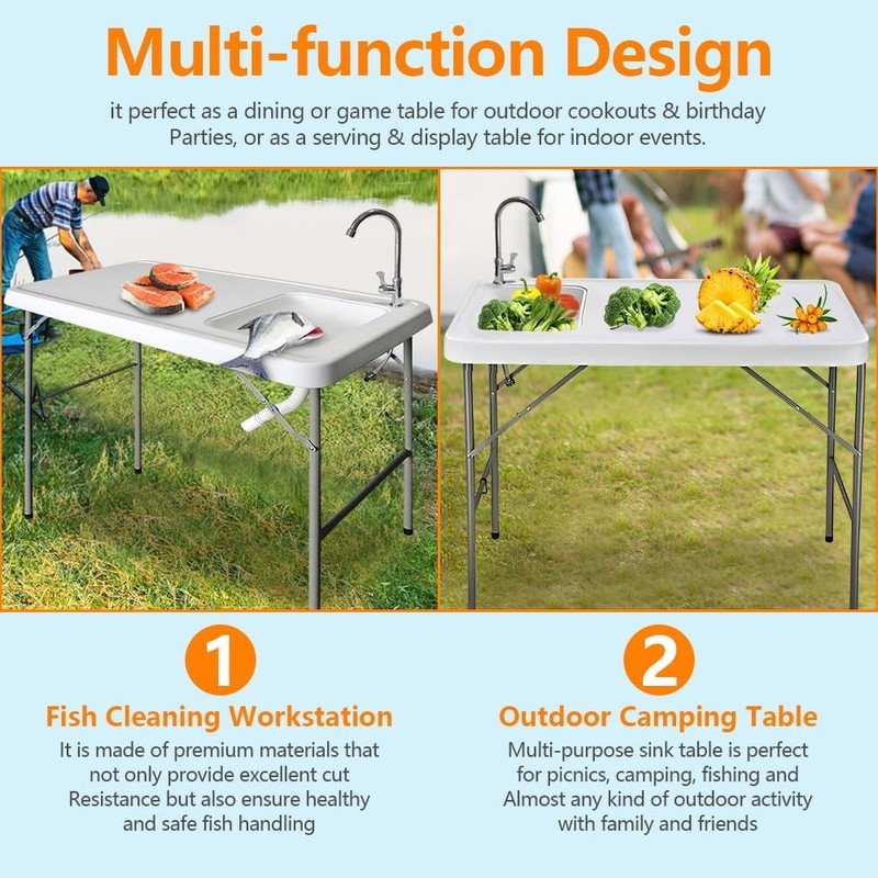 Portable Fish Cleaning Table with Sink C 42.5" Folding Camping Sink Station,Heav gallery