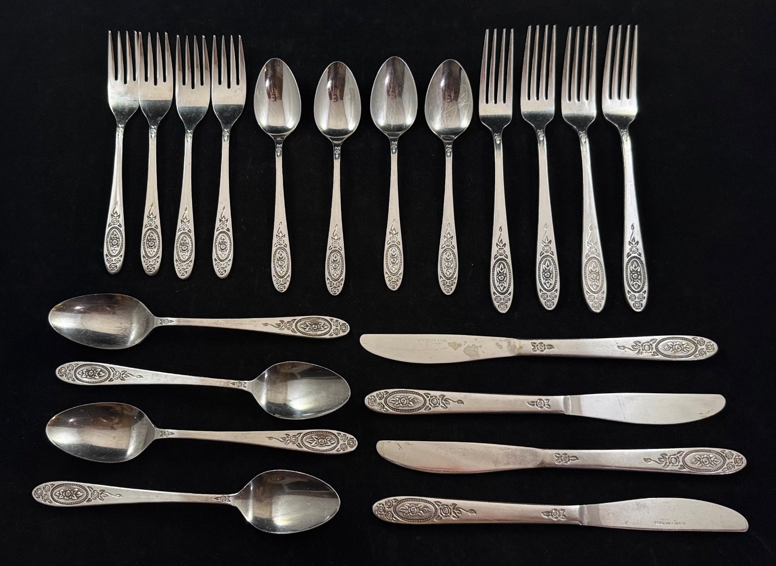 Stainless flatware CAMEO ROSE set 20 pc service for 4 unknown maker UNF11 Japan gallery