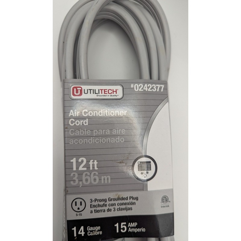 Utilitech 12ft Air Conditioner Extension Cord 14 Gauge 15 Amp Gray 0242377 NEW gallery