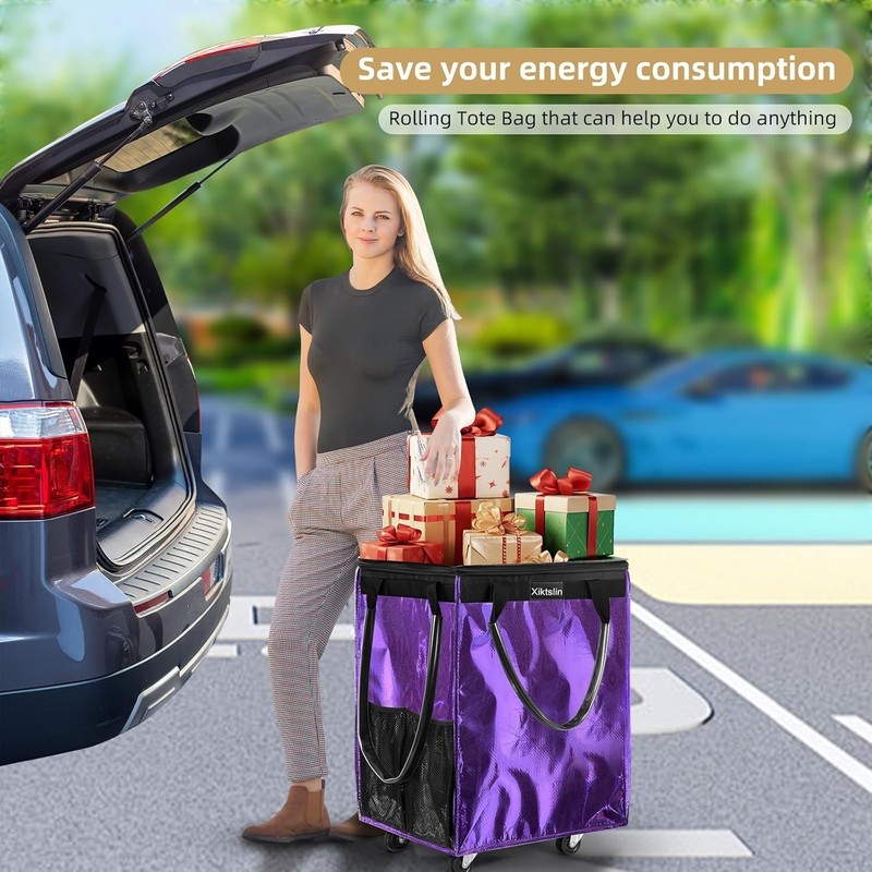 Durable 66lb Capacity Foldable Rolling Tote Bag in Purple - Perfect for Shopping gallery