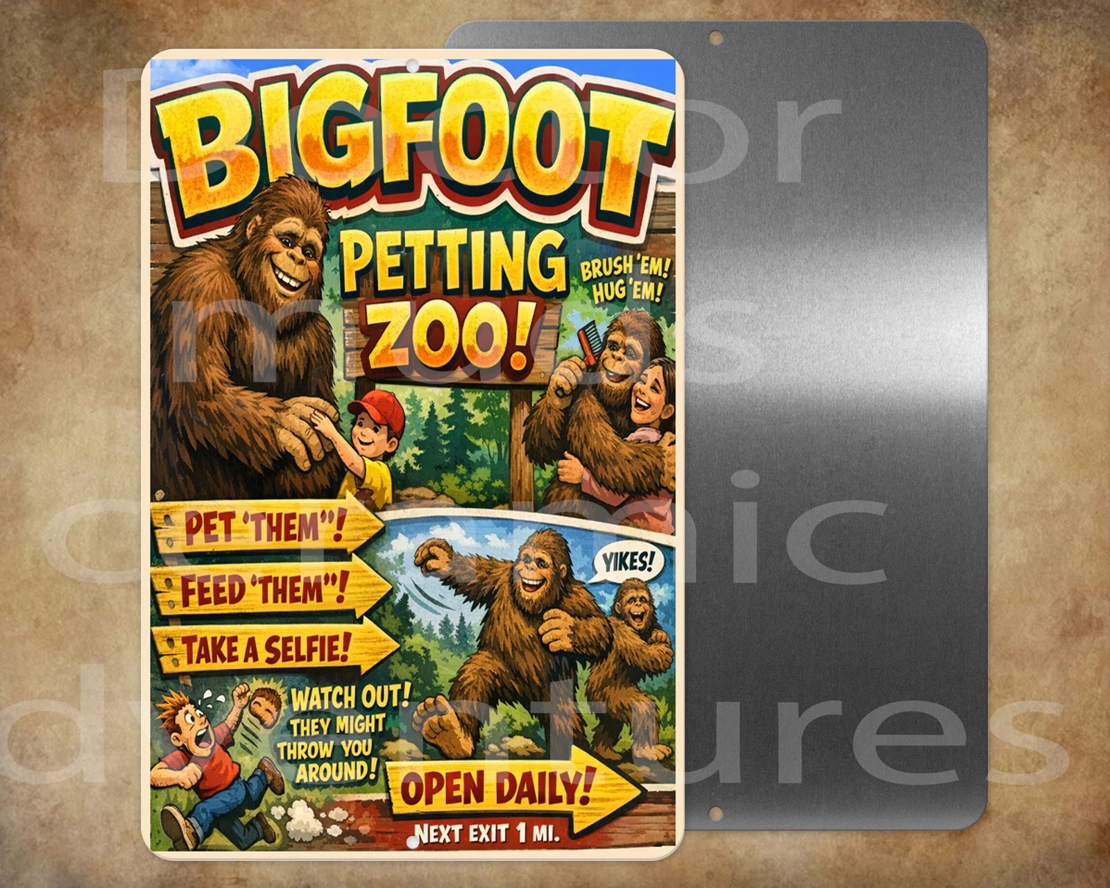 fun BIG FOOT PETTING ZOO Roadside Attraction 8" X 12" metal sign yeti sasquatch gallery