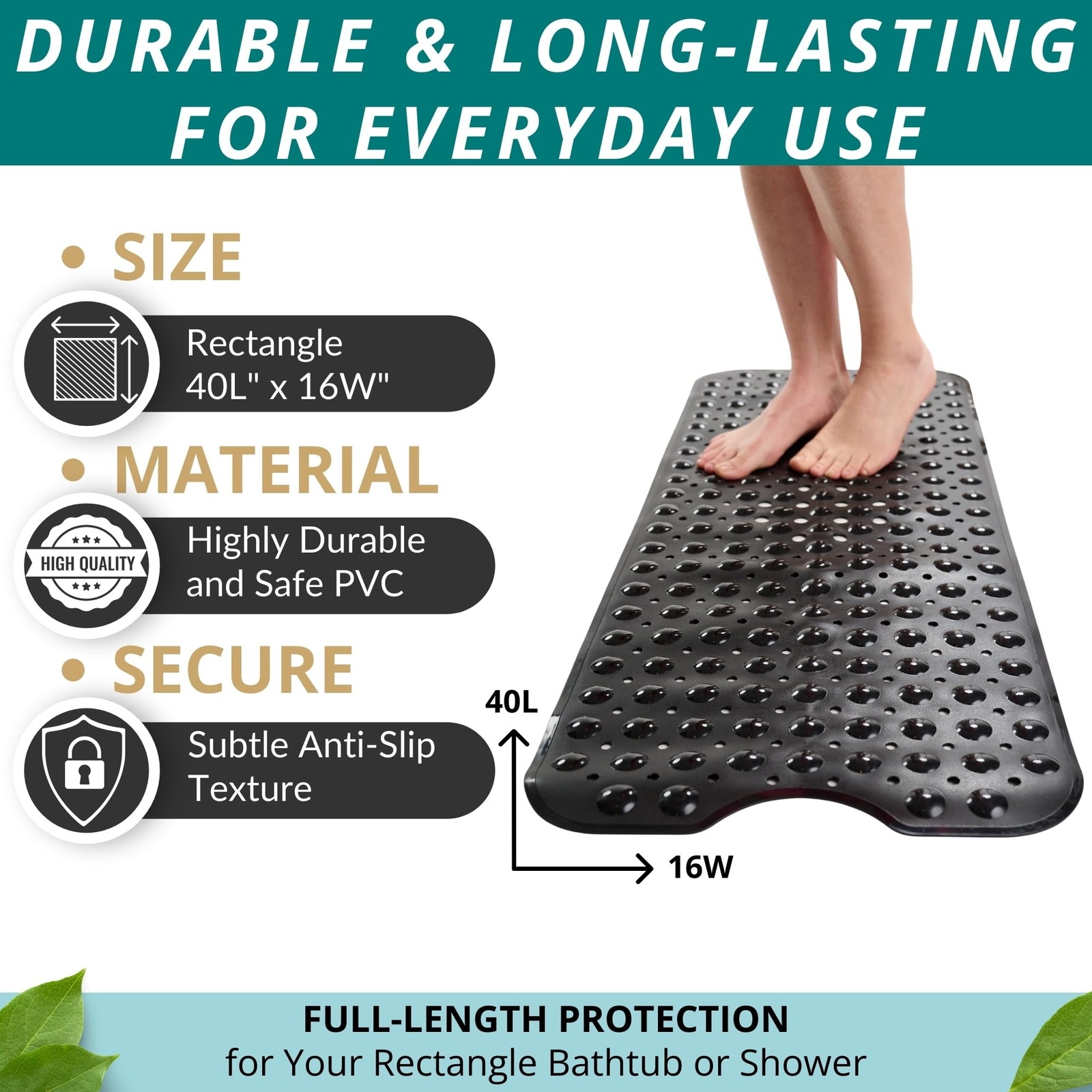 Bath Mat – 40 x 16 Inch Extra Long Non Slip Bathtub Mat – Anti Slip Black Shower gallery