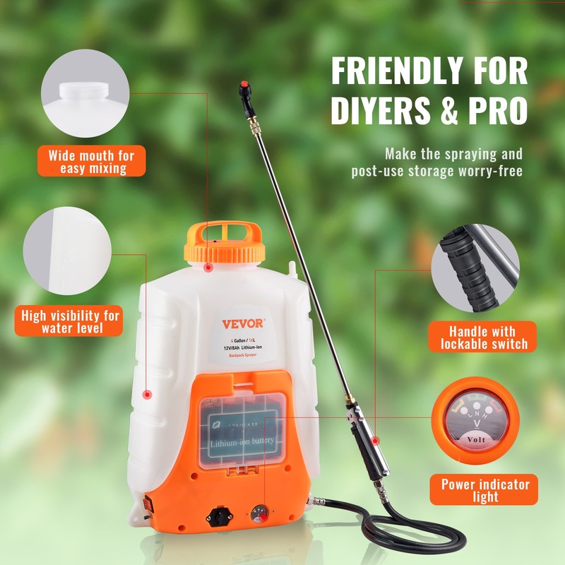 VEVOR Battery Powered Backpack Sprayer 4 Gal Tank 0-90 PSI Adjustable Pressure gallery