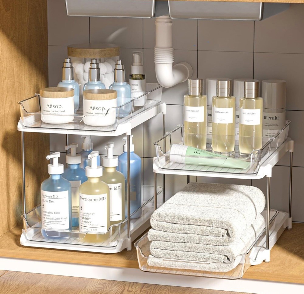 2 Pack Stackable 2-Tier Under Sink Cabinet Organizer with sliding storage drawer