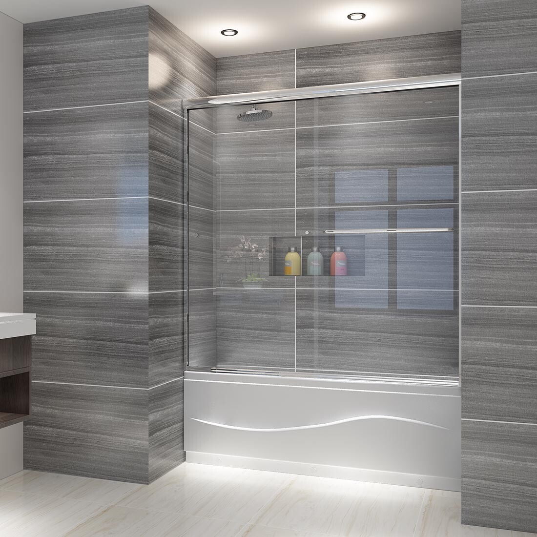 58.5"- 60"W Semi-Frameless Sliding Tub Shower Door 1/4'' Tempered Glass, Chrome gallery