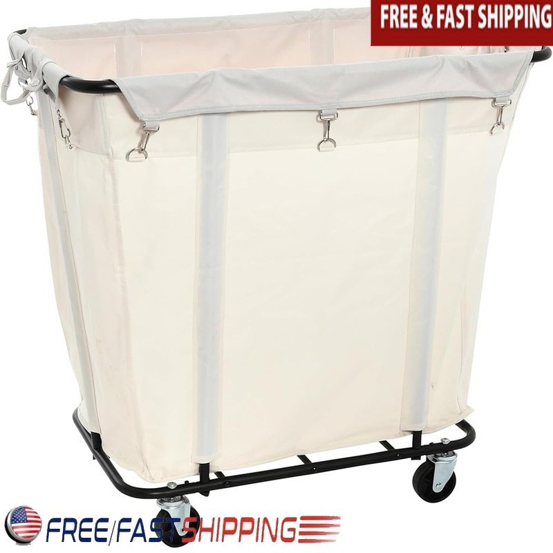 Vintage Laundry Cart Metal Frame Rolling Casters Cotton Blend Storage Bin New gallery