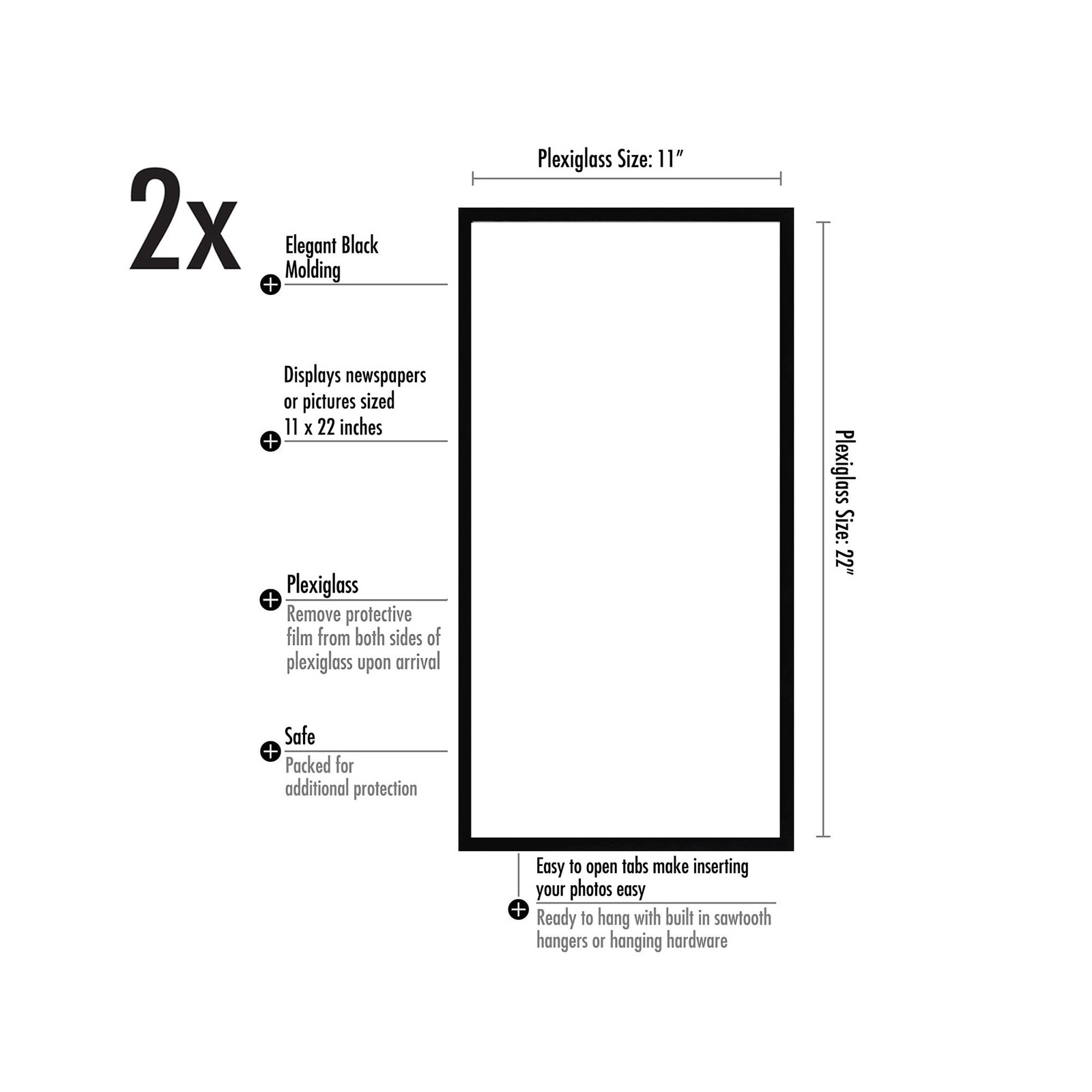 2 Pcs 11x22 Newspaper Frame with Polished Plexiglass, Modern Wall Frame, Black gallery