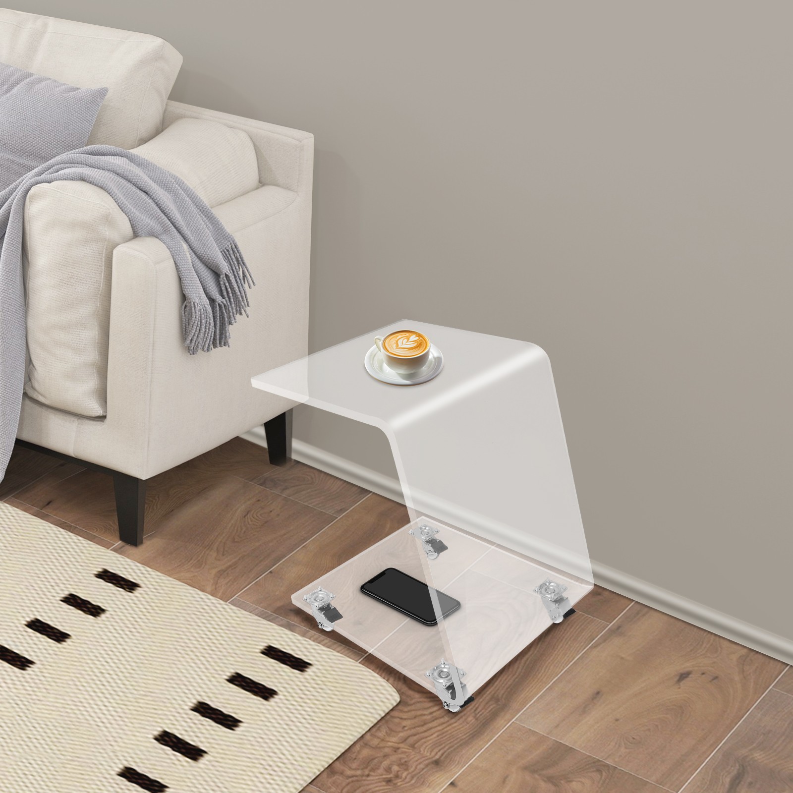 Acrylic Side Table Mobile C-Shaped End Table Clear Snack Rolling Cart 20kg max. gallery