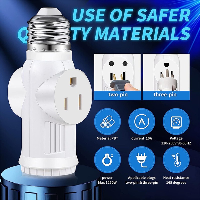 2 Pack E26 Light Socket to Plug Adapter 2/3 Prong Light Bulb Splitter Converter gallery