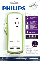 New PHILIPS Protected 2 AC Outlets/2 USB Charging 1A/2.1A- 120V/13A/1560W