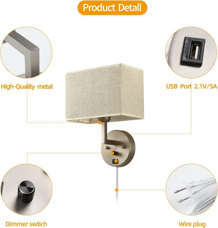 Plug in Wall Sconce with Dimmer Switch and USB Port，1-Light Silver gallery
