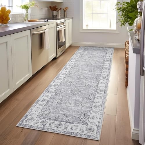 Fiora Hallway Runner Rug 3x7 Machine Washable Runner Rug Grey Vintage Floral gallery
